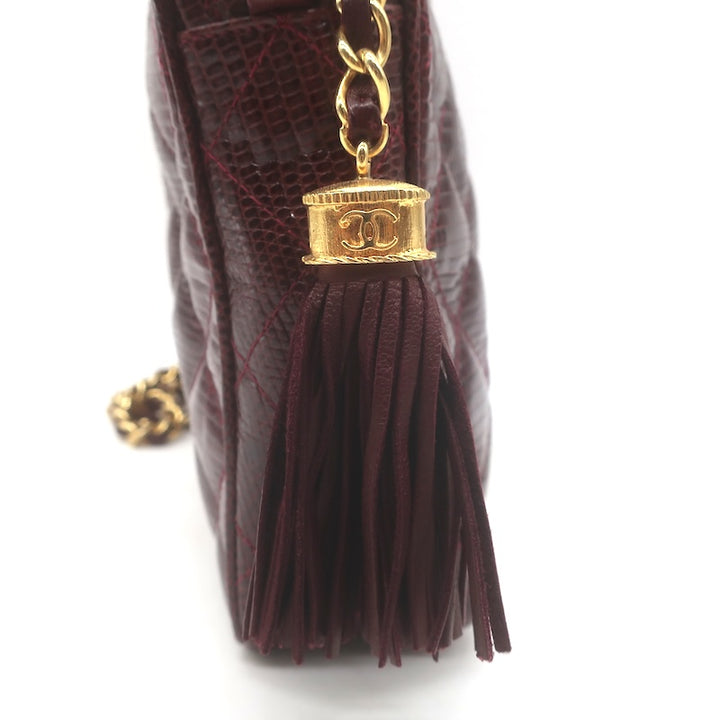 Vintage Chanel 1987 Quilted Lizard Skin Tassel Camera Bag Burgundy Crossbody