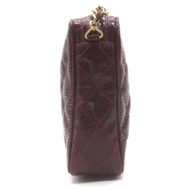 Vintage Chanel 1987 Quilted Lizard Skin Tassel Camera Bag Burgundy Crossbody