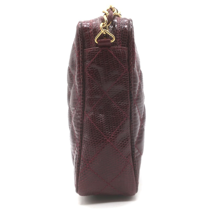 Vintage Chanel 1987 Quilted Lizard Skin Tassel Camera Bag Burgundy Crossbody