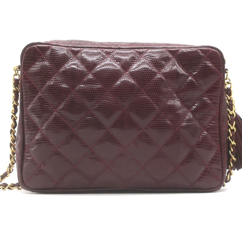 Vintage Chanel 1987 Quilted Lizard Skin Tassel Camera Bag Burgundy Crossbody
