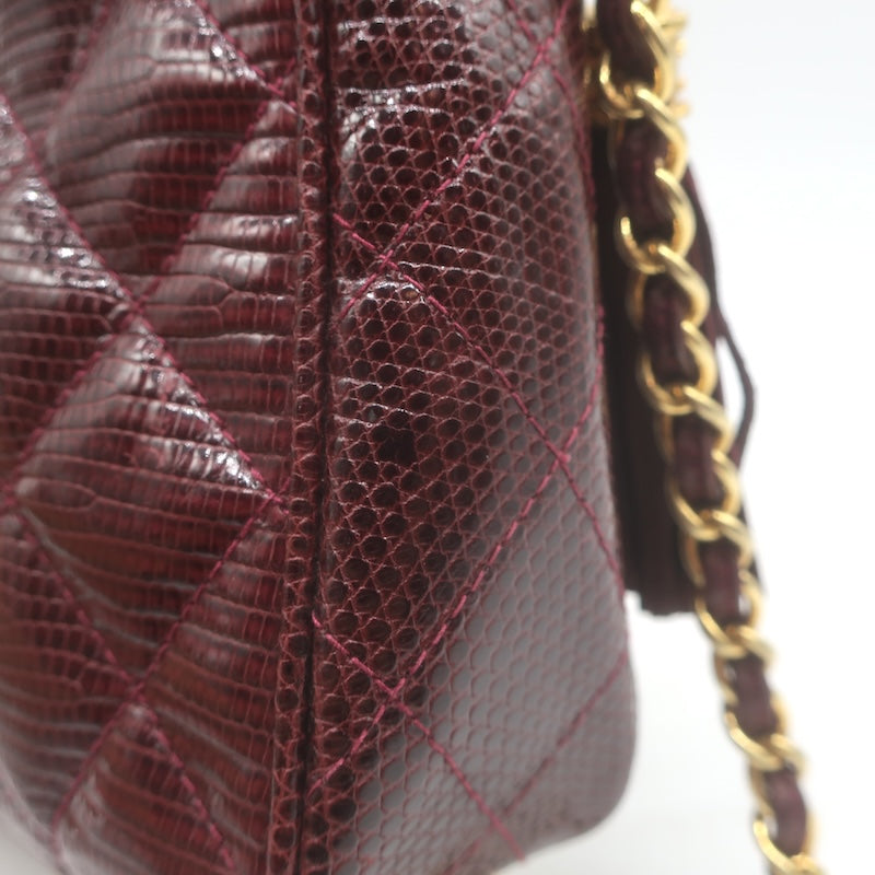 Vintage Chanel 1987 Quilted Lizard Skin Tassel Camera Bag Burgundy Crossbody