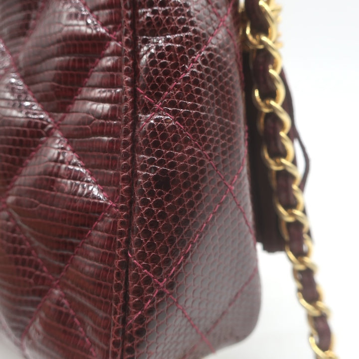 Vintage Chanel 1987 Quilted Lizard Skin Tassel Camera Bag Burgundy Crossbody