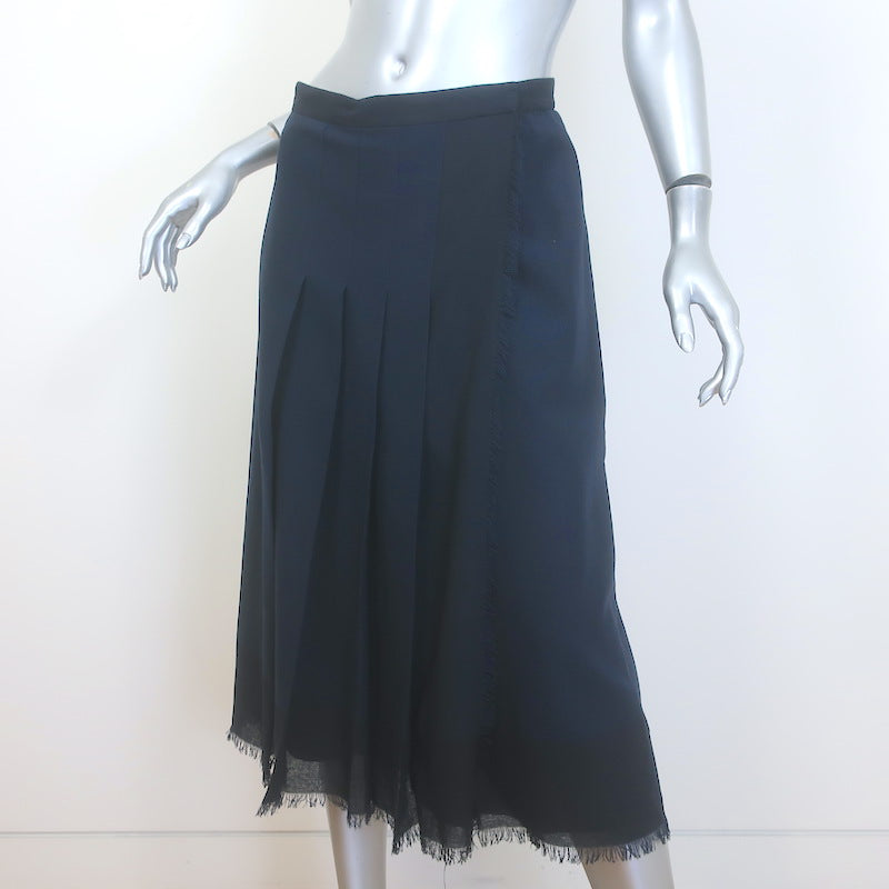 Christian Dior Pleated Midi Wrap Skirt Navy/Black Bicolor Frayed Wool Size US 6