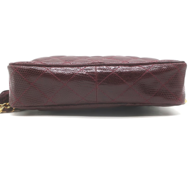 Vintage Chanel 1987 Quilted Lizard Skin Tassel Camera Bag Burgundy Crossbody