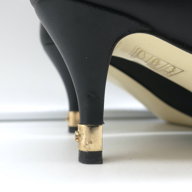 Chanel CC Gold-Tipped Heel Cap Toe Pumps Black Leather Size 37.5