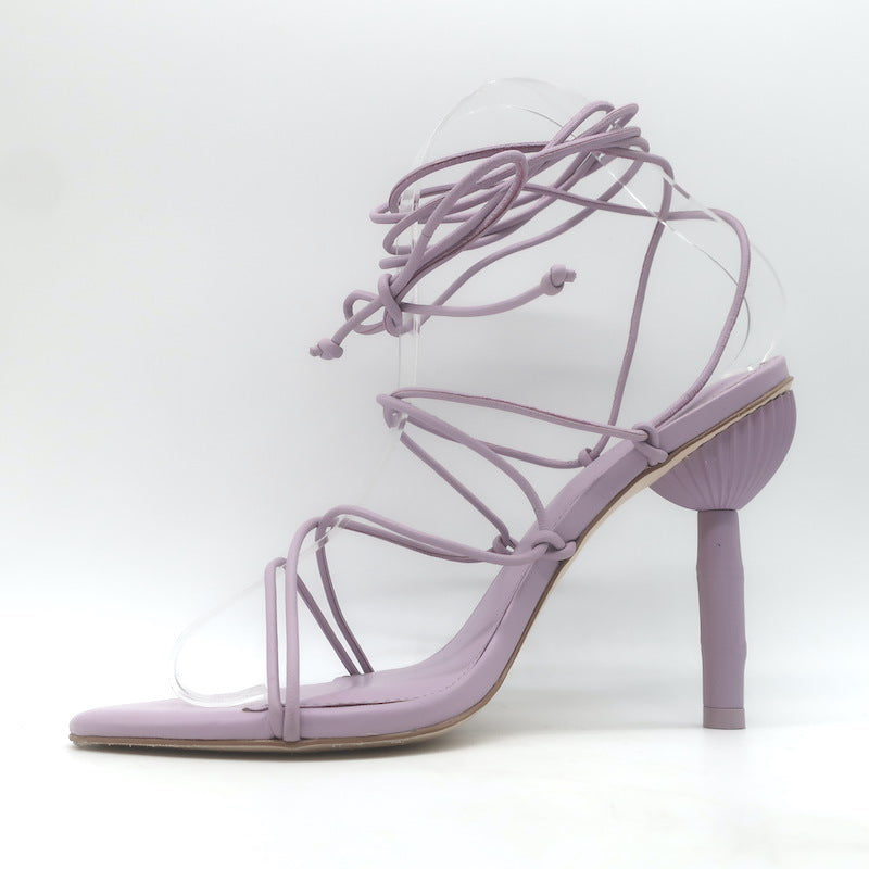 Cult Gaia Soleil Bamboo-Heel Ankle Wrap Sandals Lavender Leather Size 38