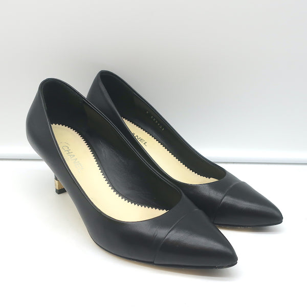 Chanel CC Gold-Tipped Heel Cap Toe Pumps Black Leather Size 37.5 –  Celebrity Owned