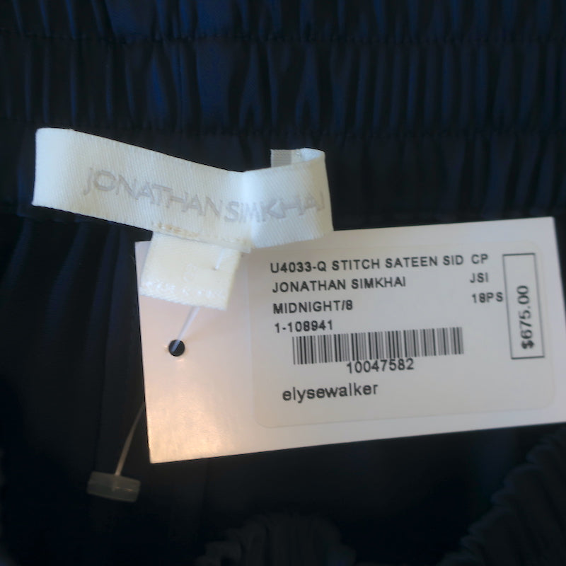 Jonathan Simkhai Side-Slit Track Pants Navy Stretch Sateen Size 8 NEW
