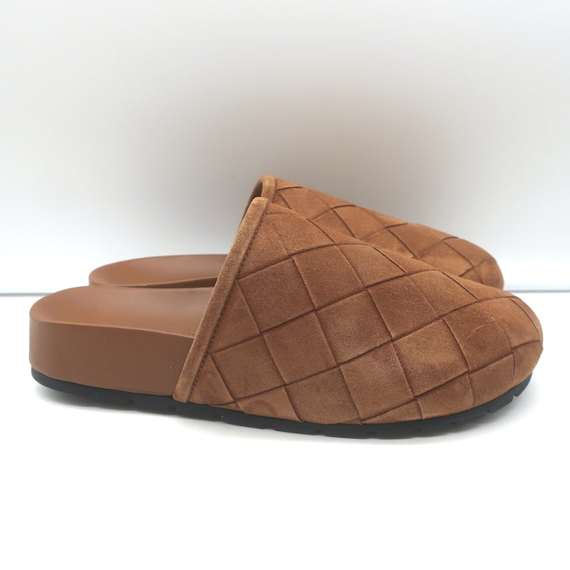 Bottega Veneta Reggie platform mules in caramel intrecciato suede, pre-owned, near-mint Italian luxury craftsmanship