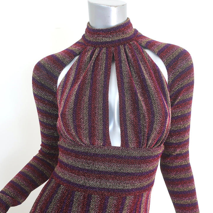 Rebecca Vallance Aisha Metallic Striped Cutout Midi Dress Multicolor Size US 0