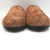 Bottega Veneta Reggie platform mules in caramel intrecciato suede, authentic pre-owned, lightly worn luxury