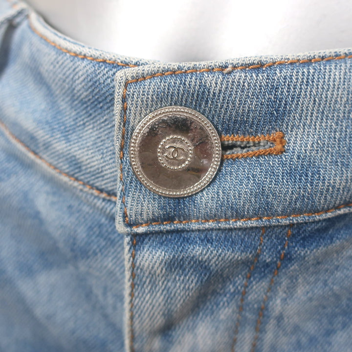 Chanel Diamond-Check Skinny Jeans Light Blue Stretch Denim Size 38