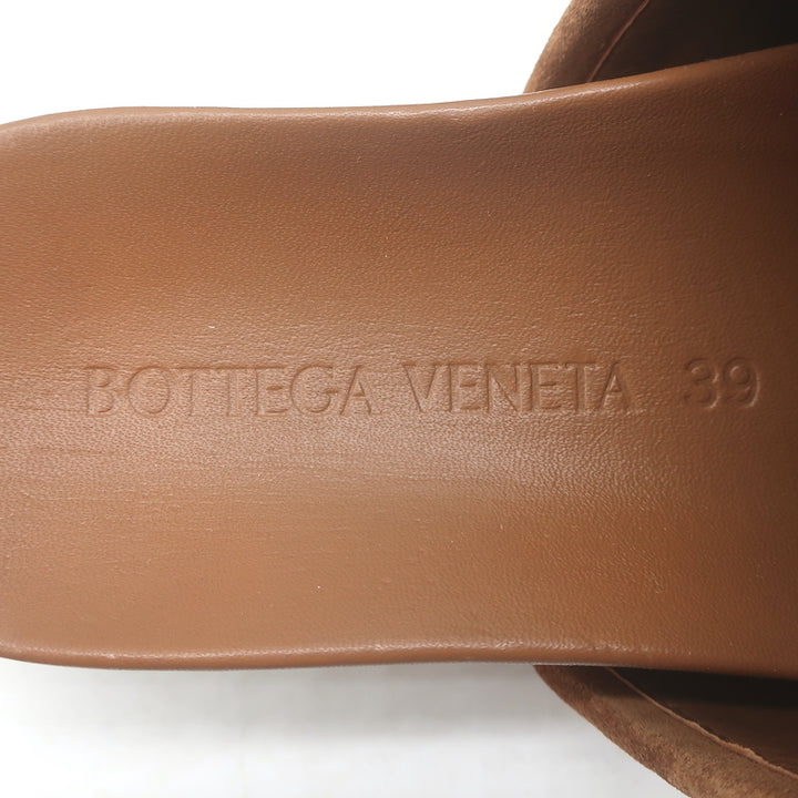Bottega Veneta Reggie platform mules in caramel intrecciato suede, authentic pre-owned, luxe Italian craftsmanship.