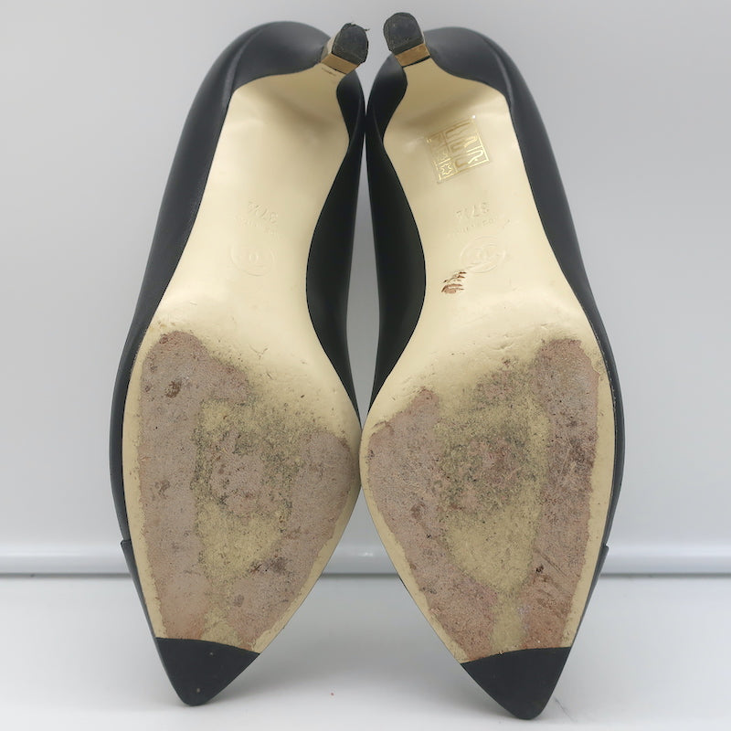 Chanel CC Gold-Tipped Heel Cap Toe Pumps Black Leather Size 37.5