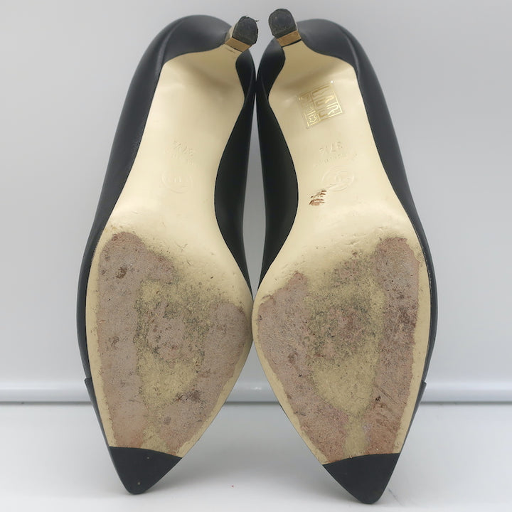 Chanel CC Gold-Tipped Heel Cap Toe Pumps Black Leather Size 37.5