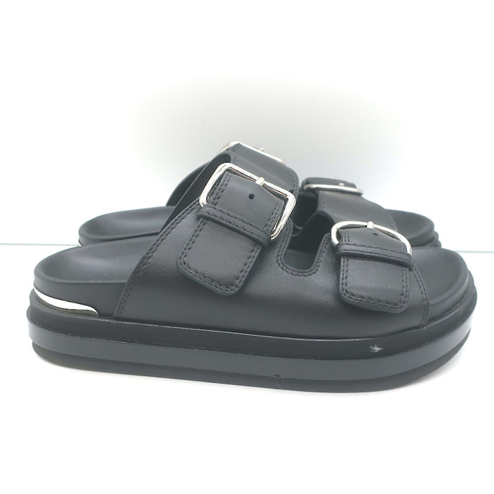 Alexander McQueen Double Buckle Platform Slide Sandals Black Leather Size 38