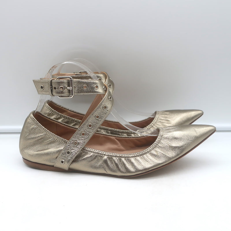 Valentino Love Latch ankle-wrap ballet flats in gold metallic leather, pre-owned and gently worn
