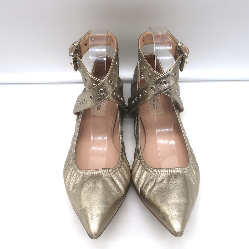 Valentino Love Latch ankle-wrap ballet flats in gold metallic leather, pre-owned authentic luxury