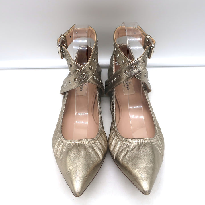 Valentino Love Latch ankle-wrap ballet flats in gold metallic leather, pre-owned authentic luxury