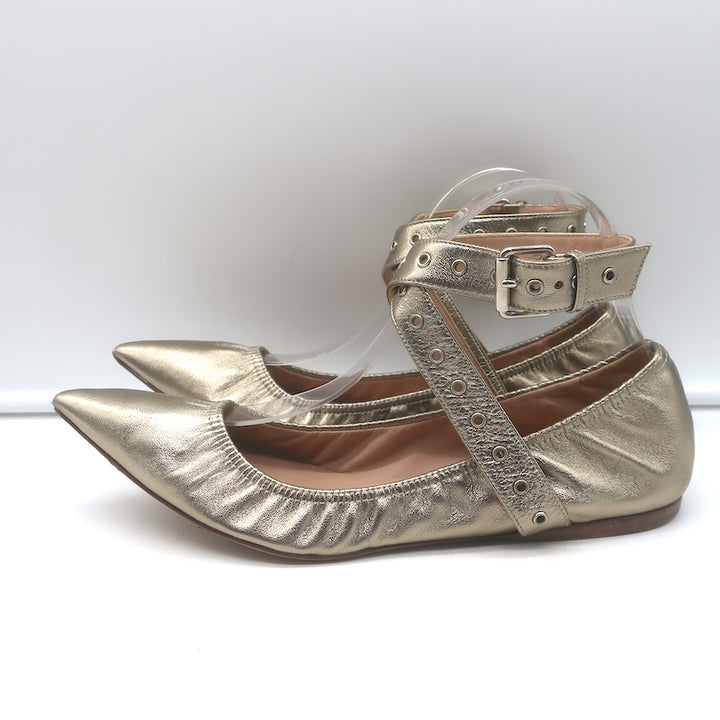 Valentino Love Latch ankle-wrap ballet flats in gold metallic leather, authentic pre-owned, gently worn