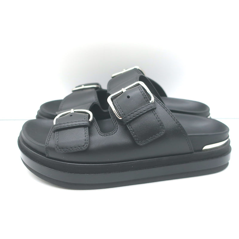 Alexander McQueen Double Buckle Platform Slide Sandals Black Leather Size 38