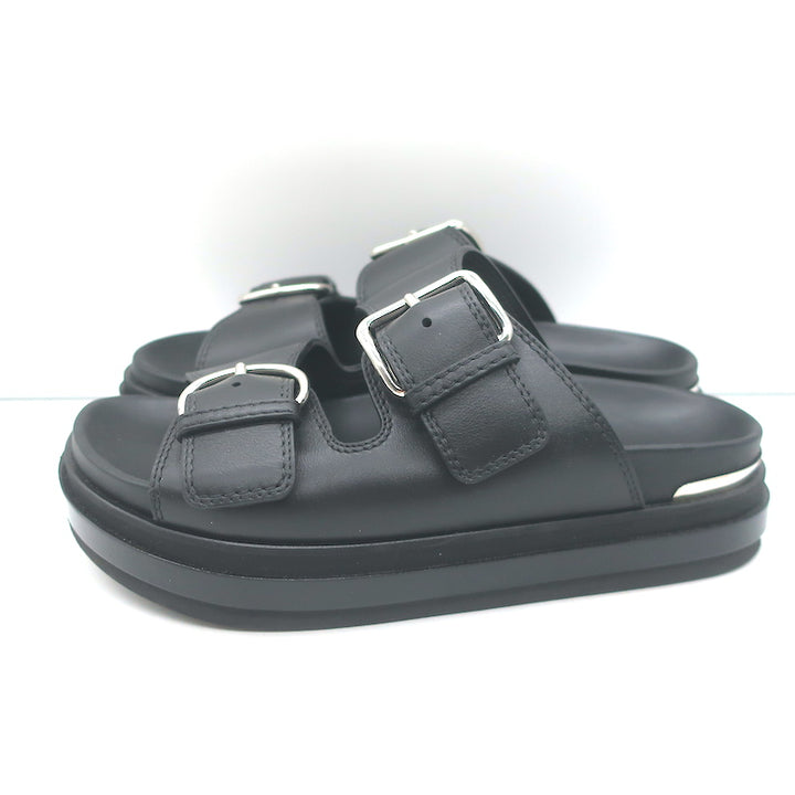 Alexander McQueen Double Buckle Platform Slide Sandals Black Leather Size 38