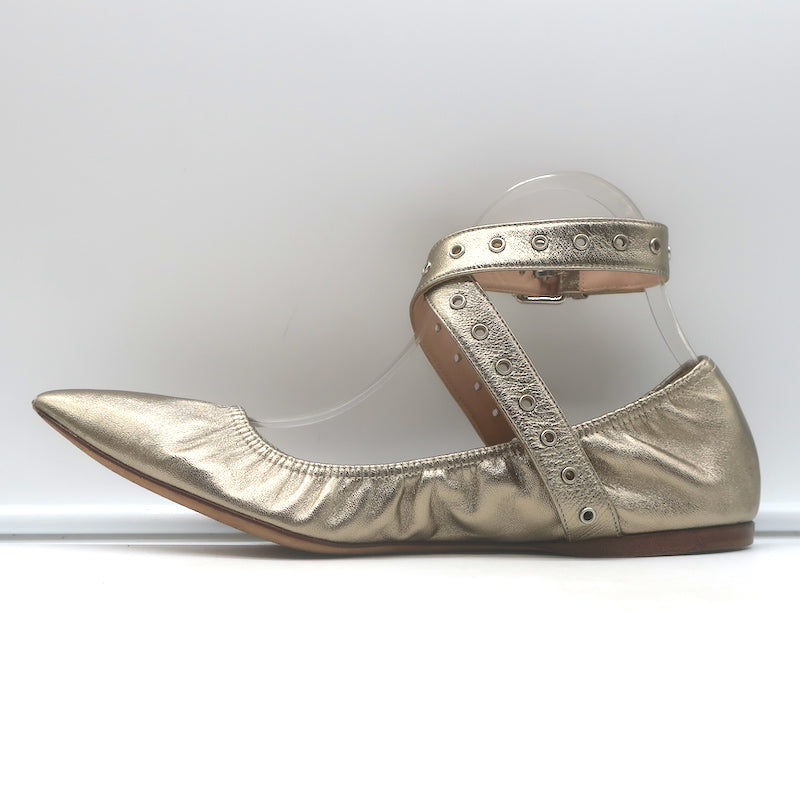 Valentino Love Latch ankle-wrap ballet flats in gold metallic leather, pre-owned gently worn
