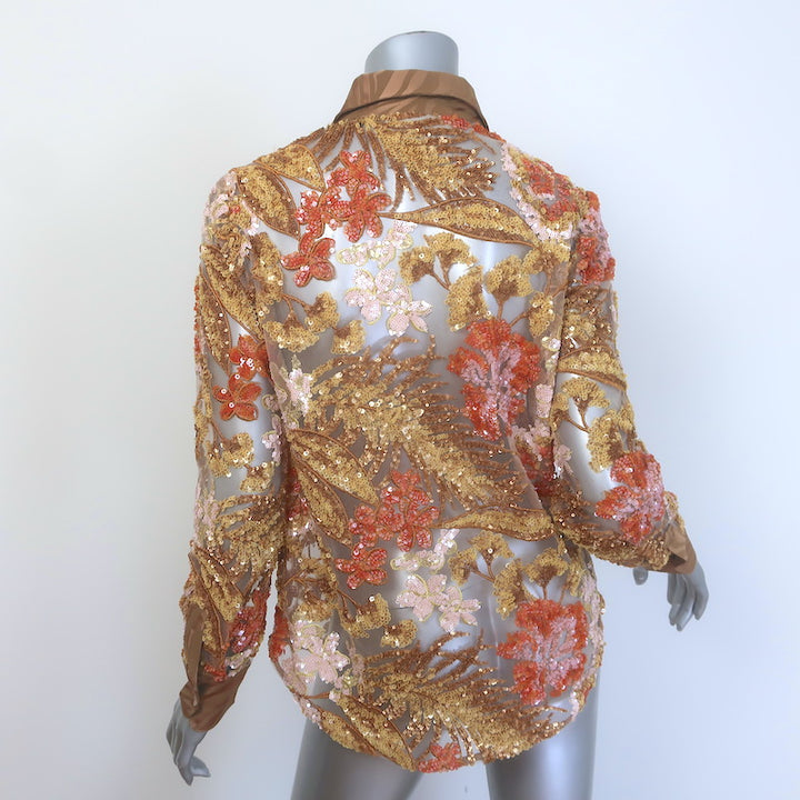 Le Superbe Floral Sequined Shirt Gold Zebra Print Satin-Trimmed Tulle Size Small