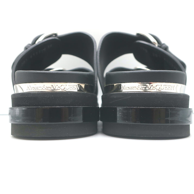 Alexander McQueen Double Buckle Platform Slide Sandals Black Leather Size 38