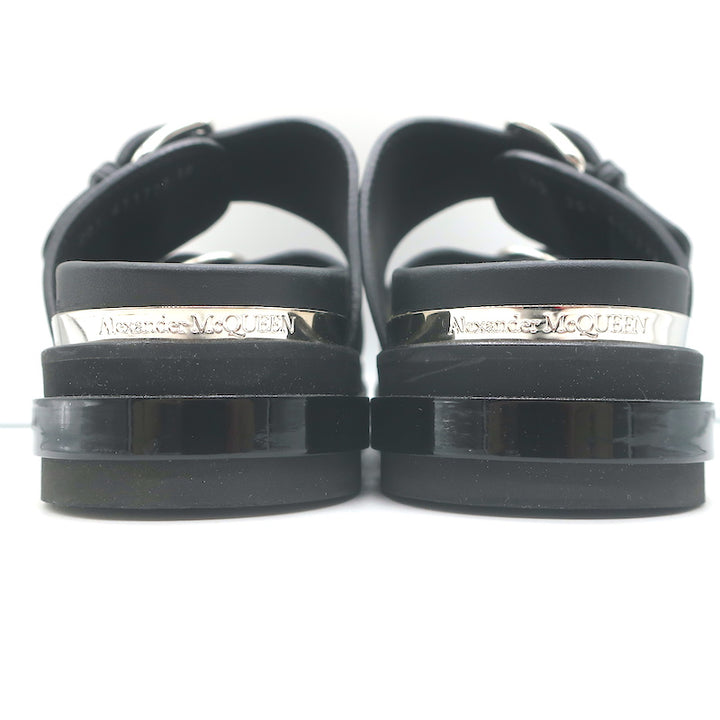 Alexander McQueen Double Buckle Platform Slide Sandals Black Leather Size 38