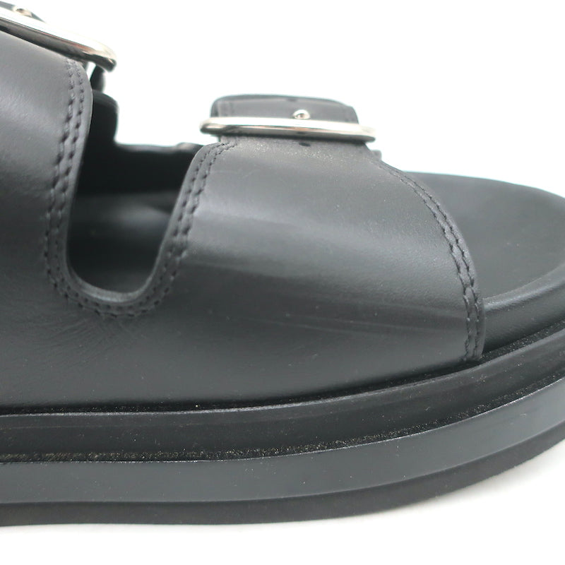 Alexander McQueen Double Buckle Platform Slide Sandals Black Leather Size 38