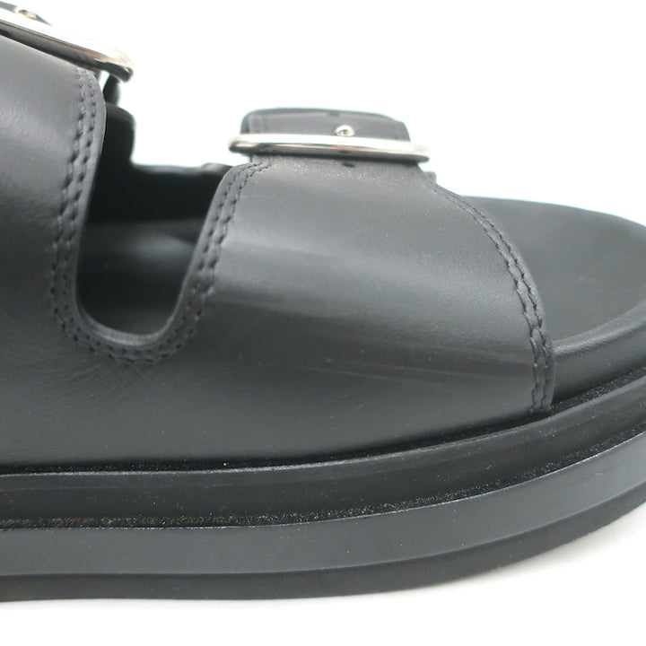 Alexander McQueen Double Buckle Platform Slide Sandals Black Leather Size 38