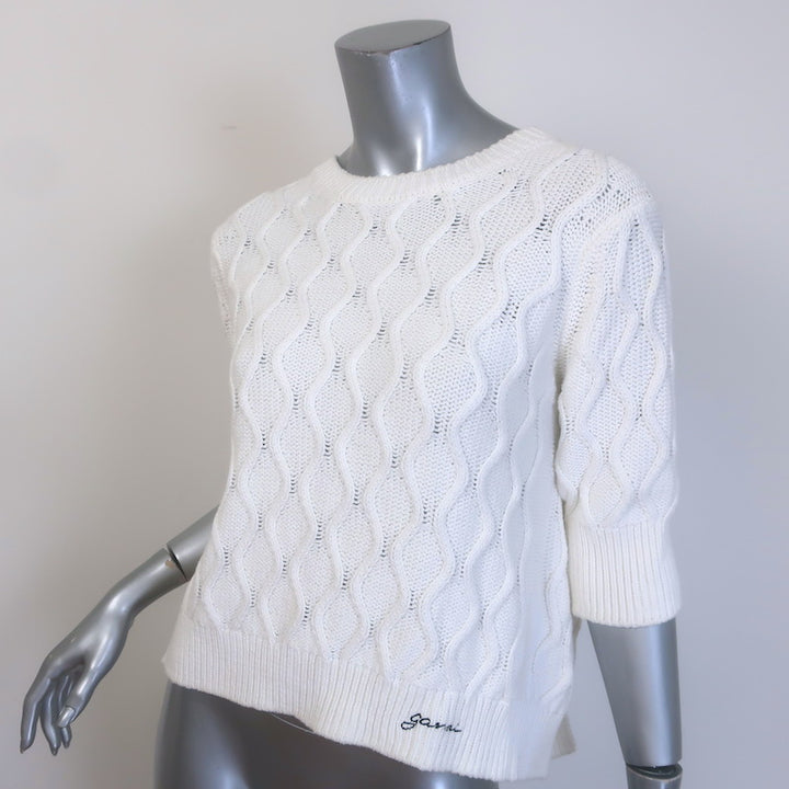 GANNI Open-Back Short Sleeve Cable Knit Top White Cotton Size Small