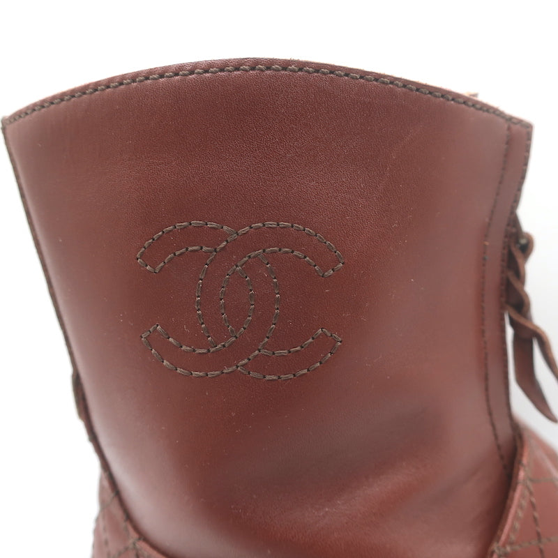 Chanel cap-toe quilted ankle boots in brown leather, authentic pre-owned, gently worn, size 38