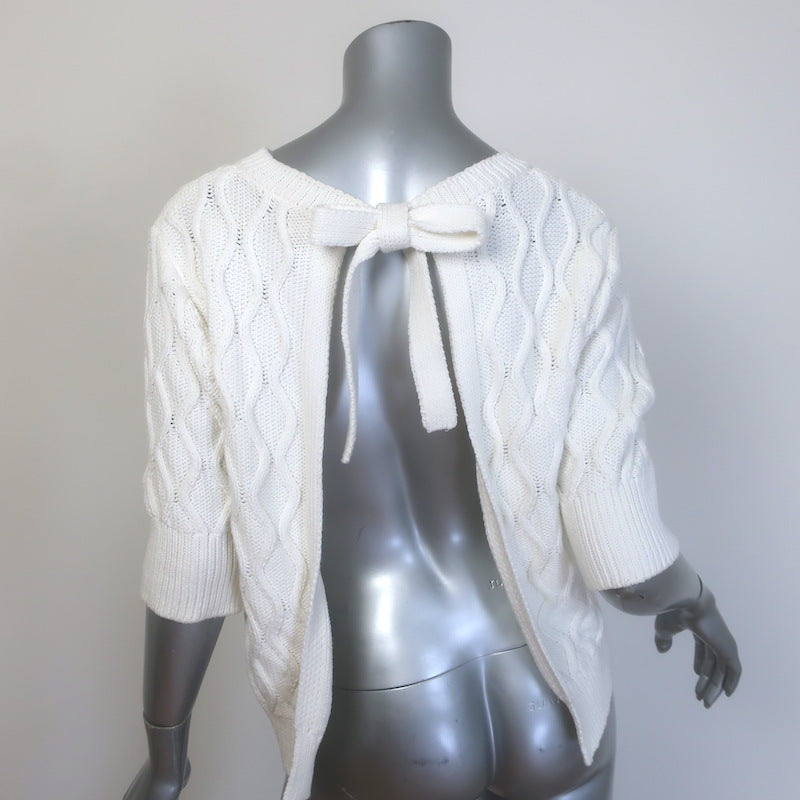 GANNI Open-Back Short Sleeve Cable Knit Top White Cotton Size Small