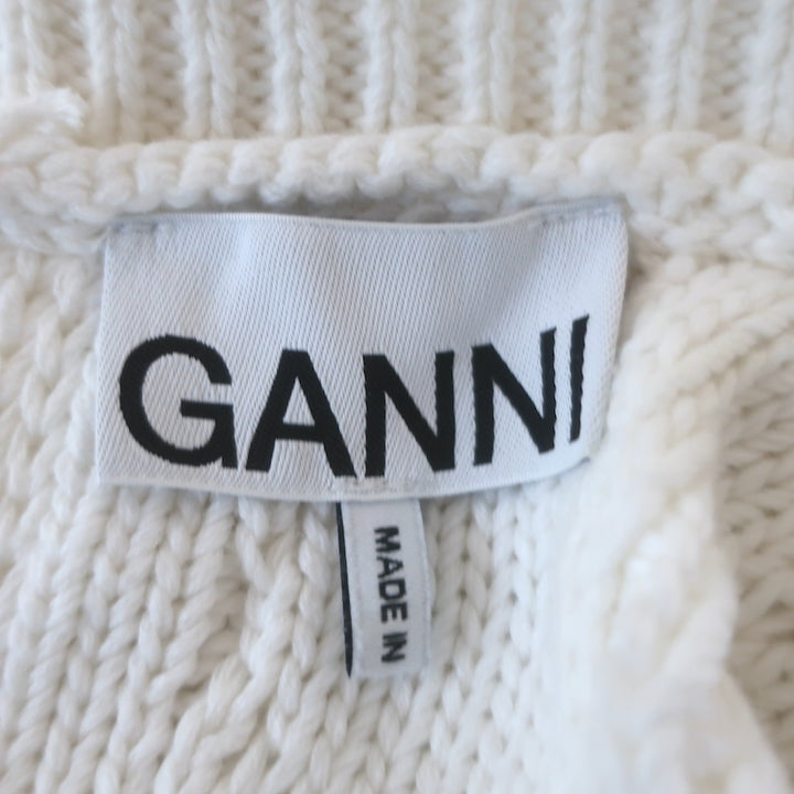 GANNI Open-Back Short Sleeve Cable Knit Top White Cotton Size Small