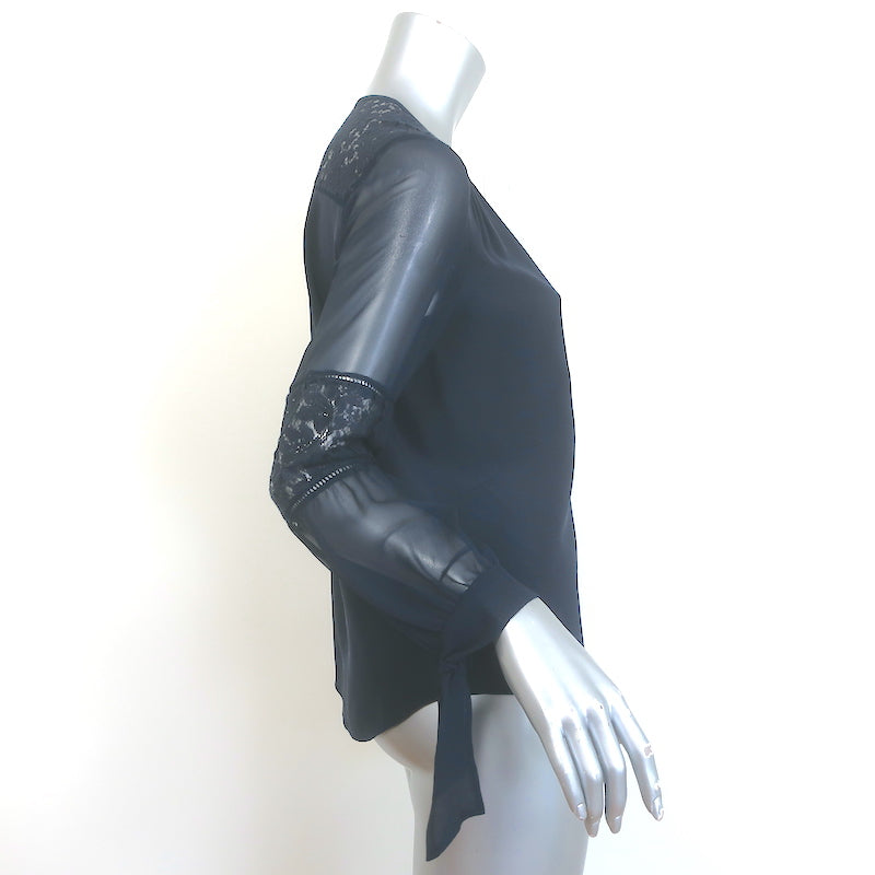Rebecca Taylor Sarah Lace-Paneled Top Navy Silk Size 0 Tie-Cuff Blouse