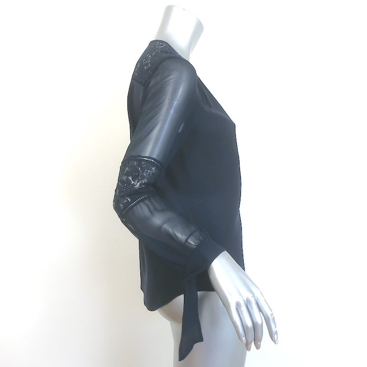 Rebecca Taylor Sarah Lace-Paneled Top Navy Silk Size 0 Tie-Cuff Blouse
