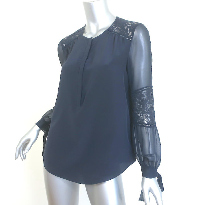 Rebecca Taylor Sarah Lace-Paneled Top Navy Silk Size 0 Tie-Cuff Blouse