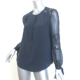 Rebecca Taylor Sarah Lace-Paneled Top Navy Silk Size 0 Tie-Cuff Blouse