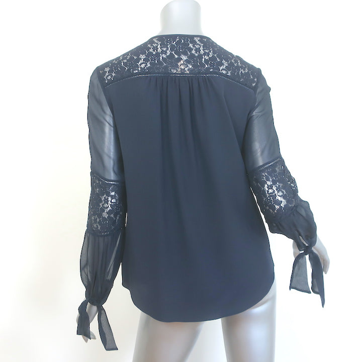 Rebecca Taylor Sarah Lace-Paneled Top Navy Silk Size 0 Tie-Cuff Blouse
