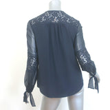 Rebecca Taylor Sarah Lace-Paneled Top Navy Silk Size 0 Tie-Cuff Blouse