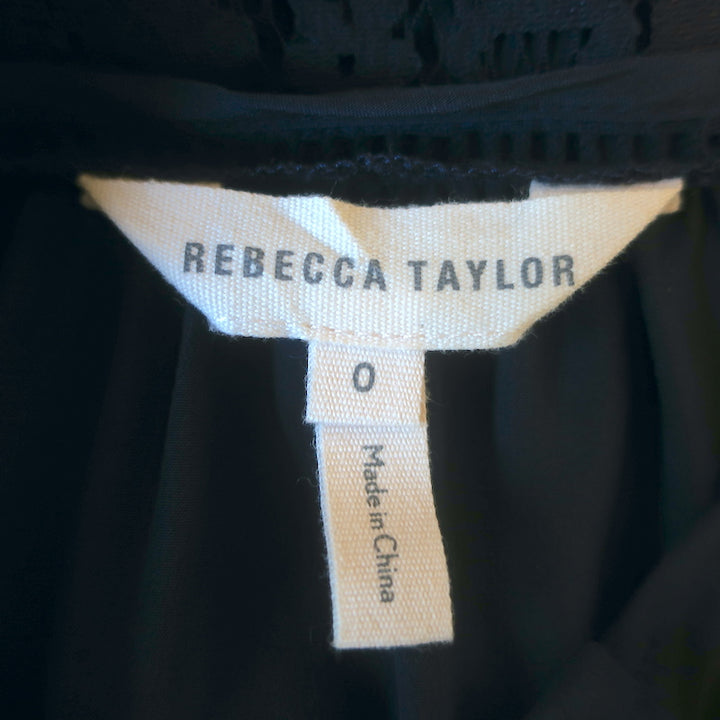 Rebecca Taylor Sarah Lace-Paneled Top Navy Silk Size 0 Tie-Cuff Blouse