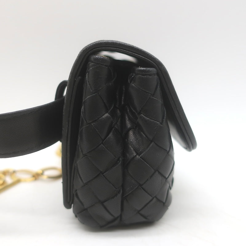 Vintage Bottega Veneta Chain-Strap Mini Belt Bag Black Intrecciato Leather