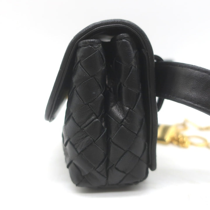 Vintage Bottega Veneta Chain-Strap Mini Belt Bag Black Intrecciato Leather