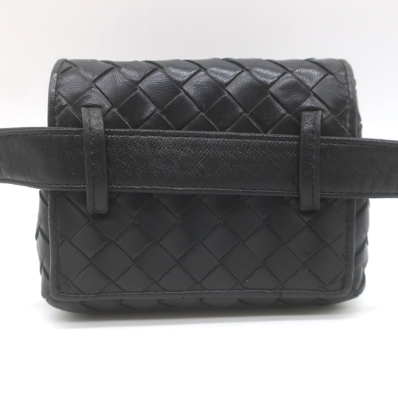 Vintage Bottega Veneta Chain-Strap Mini Belt Bag Black Intrecciato Leather