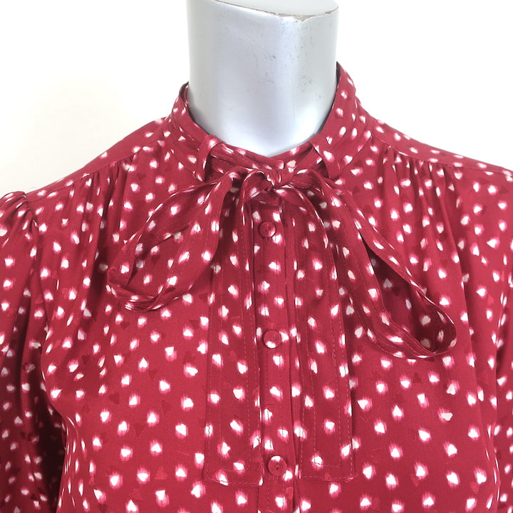 Rebecca Taylor Heart Print Tie-Neck Dress Red Silk Size 2 Long Sleeve Shirtdress