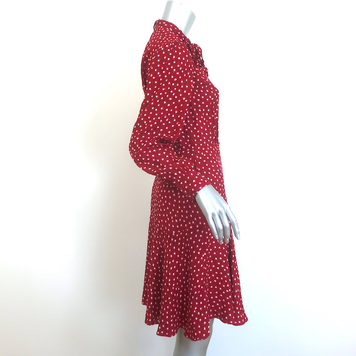 Rebecca Taylor Heart Print Tie-Neck Dress Red Silk Size 2 Long Sleeve Shirtdress