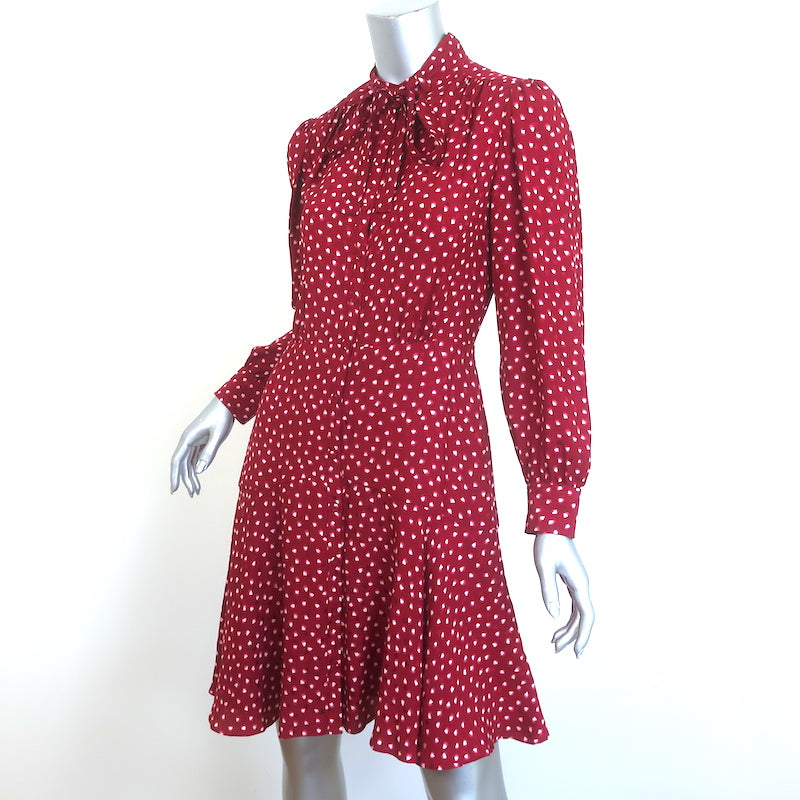 Rebecca Taylor Heart Print Tie-Neck Dress Red Silk Size 2 Long Sleeve Shirtdress