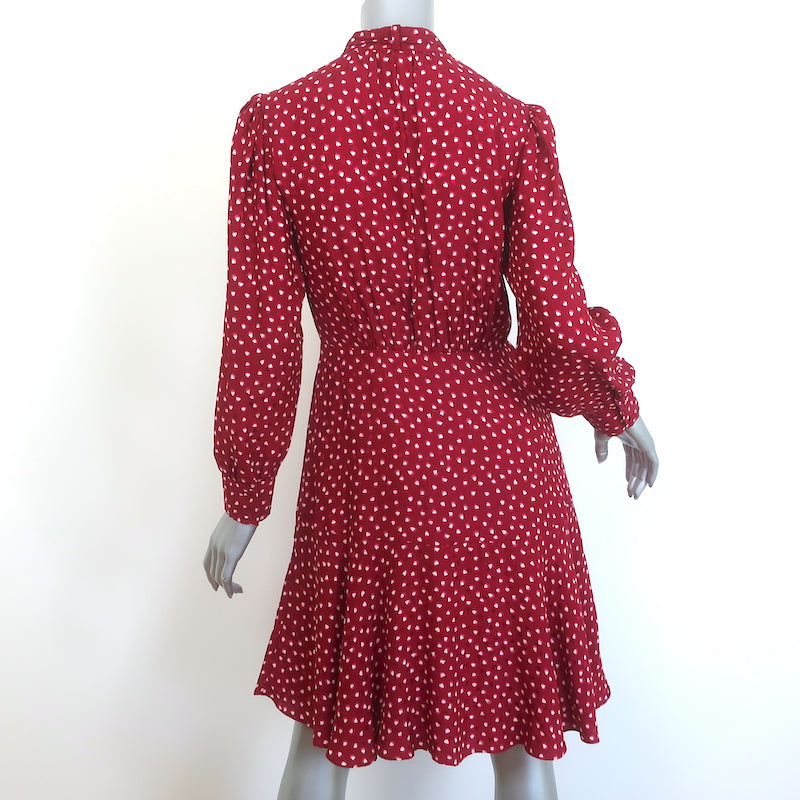 Rebecca Taylor Heart Print Tie-Neck Dress Red Silk Size 2 Long Sleeve Shirtdress
